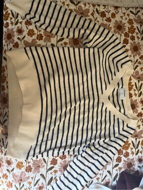 Old Navy Cream and Navy Striped V-Neck Sweater